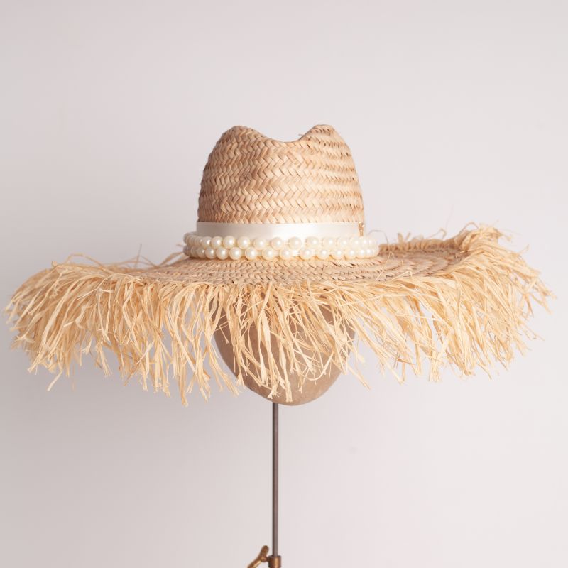 Extra Large Natural Straw Hat With Distressed Edge And Extra Large Pearl Trim image