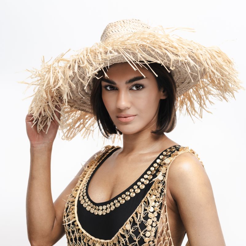 Extra Large Natural Straw Hat With Distressed Edge And Extra Large Pearl Trim image