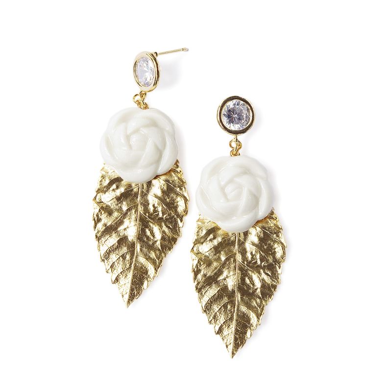 Porcelain Camellias & Golden Leaves Earrings image