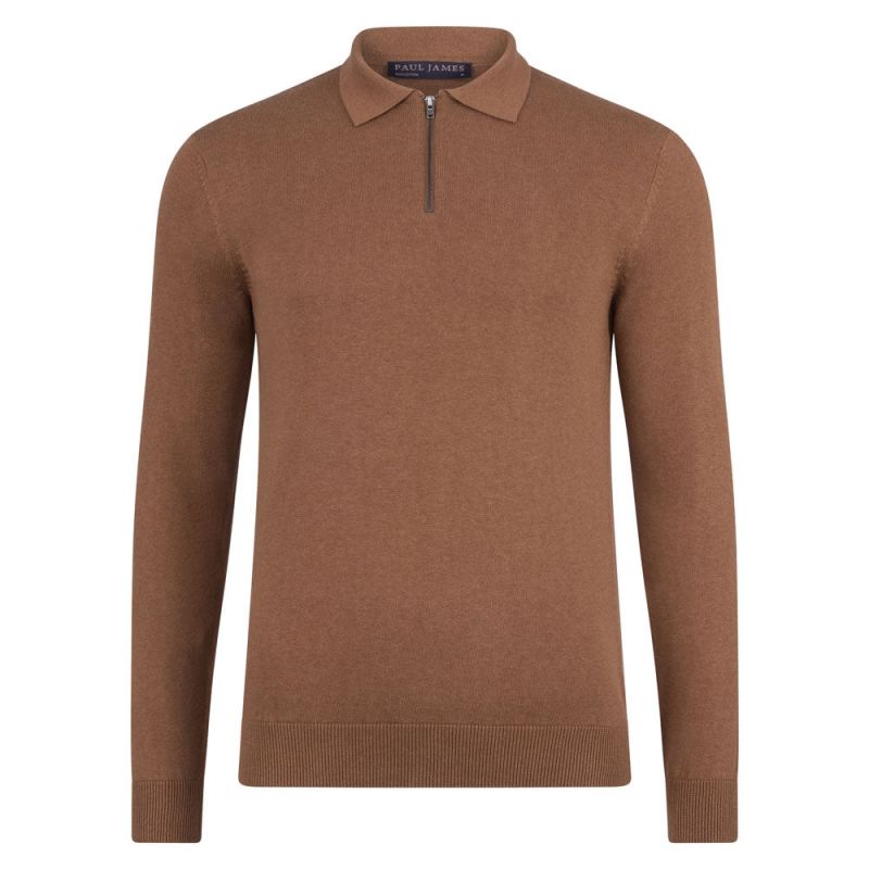 Mens Lightweight Finley Cotton Zip Neck Polo Shirt - Camel image