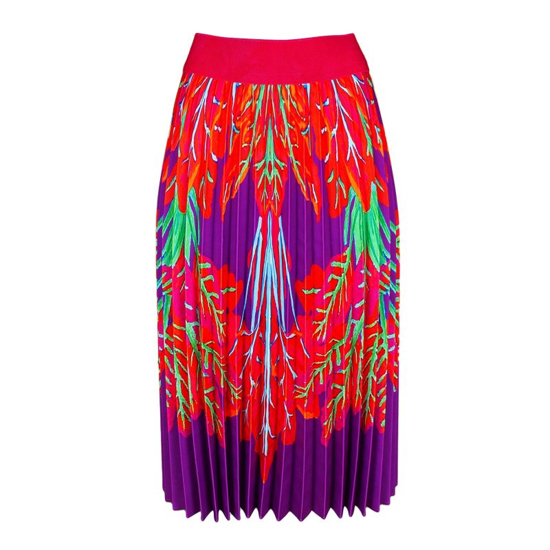 Half Circle Pleated Purple Midi Skirt With Red Leaves Print image