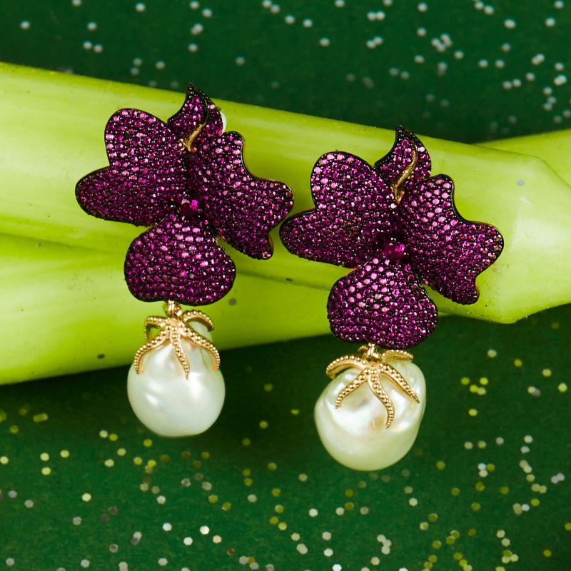 Baroque Pearl Ruby Red Flower Earrings Rose Gold image