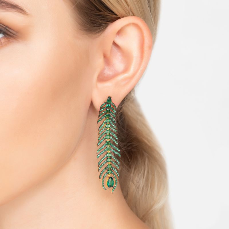 Peacock Feather Elongated Drop Earrings Green Cz image