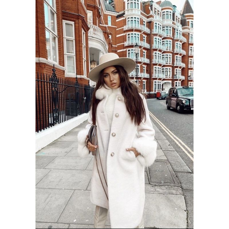 'Monroe' 100% Wool & Faux Fur Teddy Coat In Bianco image