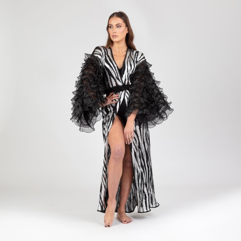 Rafferty - Black And Silver Lurex Robe With Black Frilly Chiffon Sleeves image