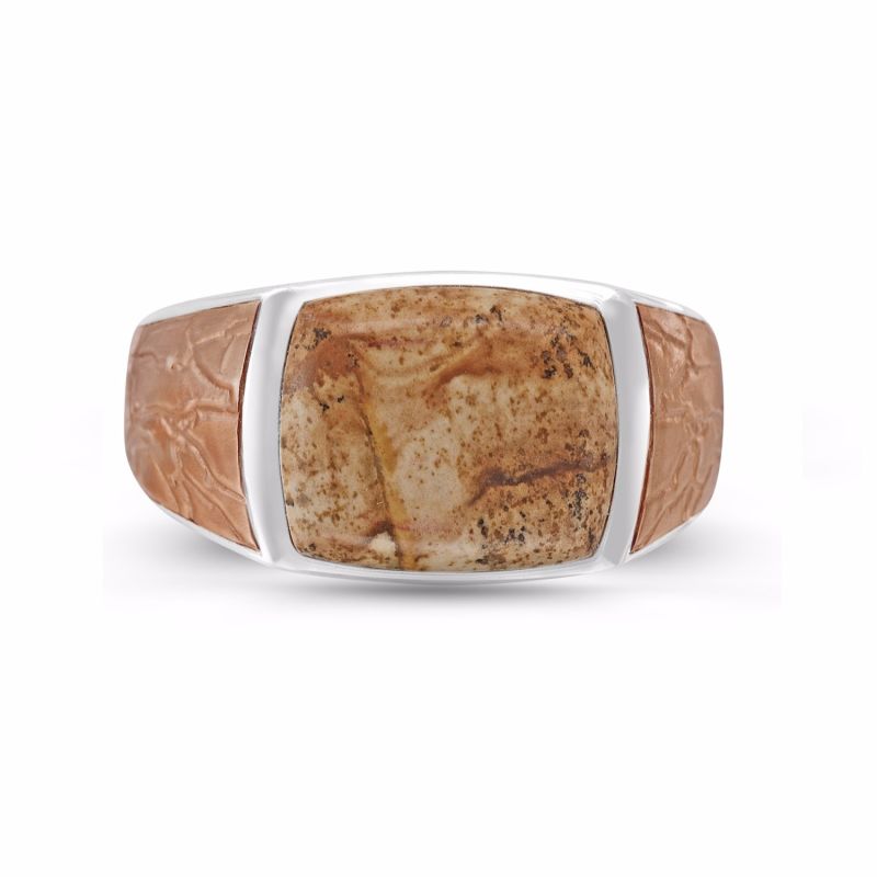 Light Brown Picasso Jasper Stone Signet Ring In Brown Rhodium Plated Sterling Silver image