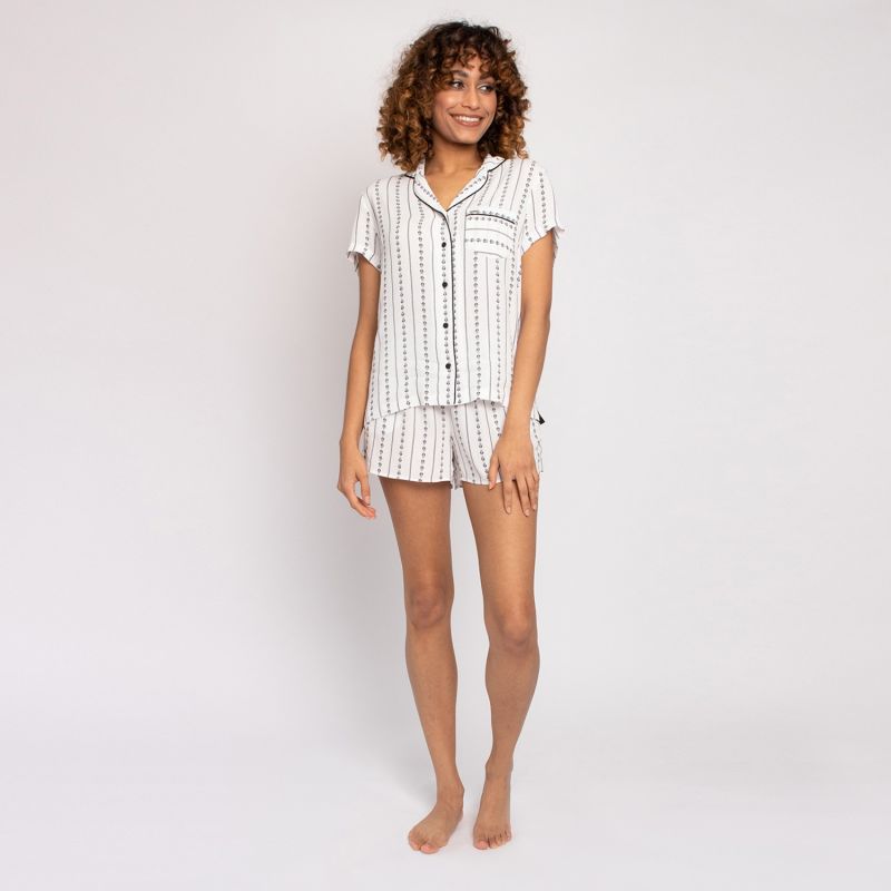 Ecovero Geo Leaf Patterned Shirt Short Pyjama Set In Ecru Stripe image