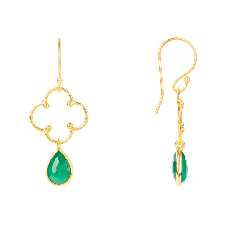 Open Clover Gemstone Drop Earrings Gold Green Onyx image