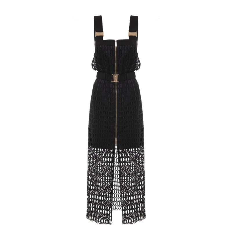 Fabric Detailed, Front-Zip, Adjustable Strap And Belt Long Black Dress image