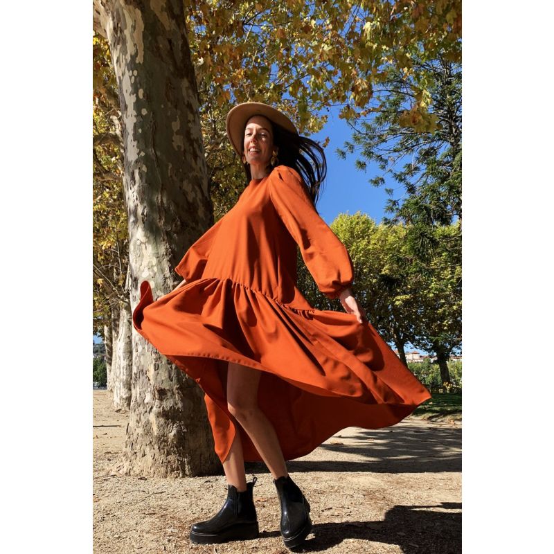 Faia - Long Orange Dress With Asymmetrical Ruffle image