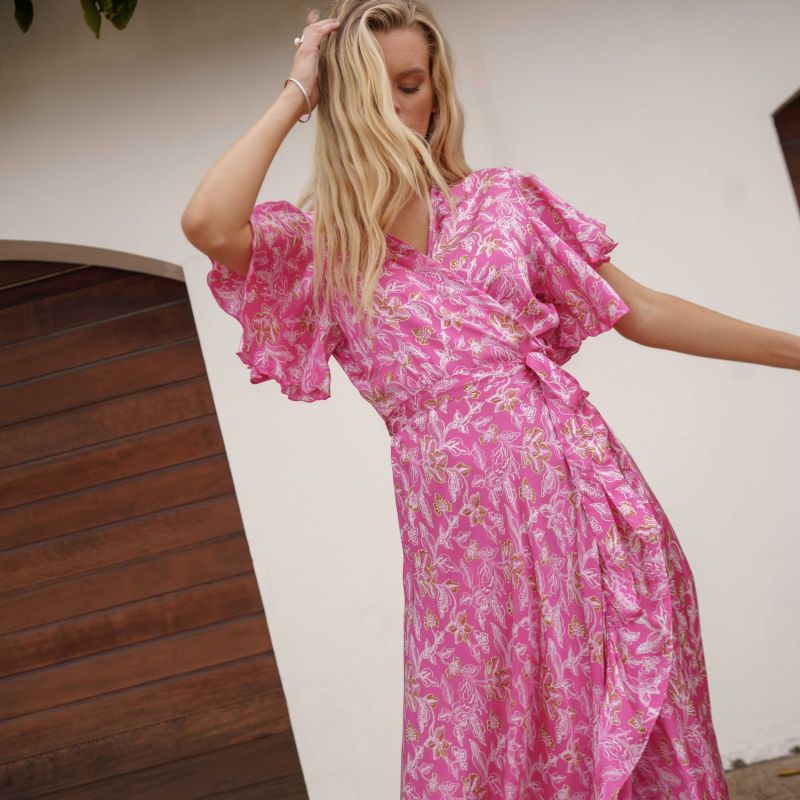 Fanciful Short Sleeve Wrap Dress – Silk - Orchid Pink image