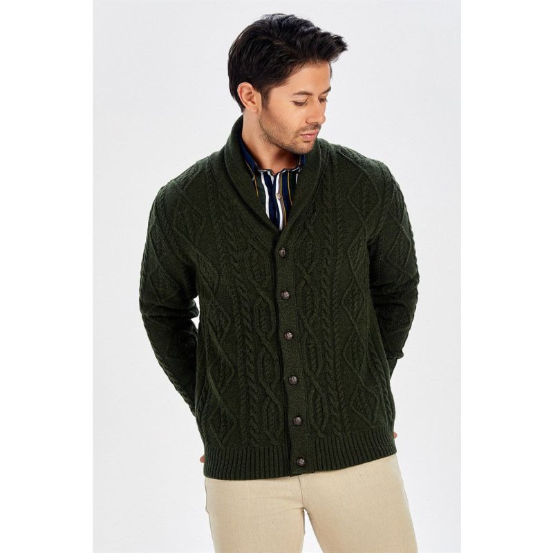 Shawl Collar Cashmere Blend Cable Knit Men's Cardigan - Dark Green image