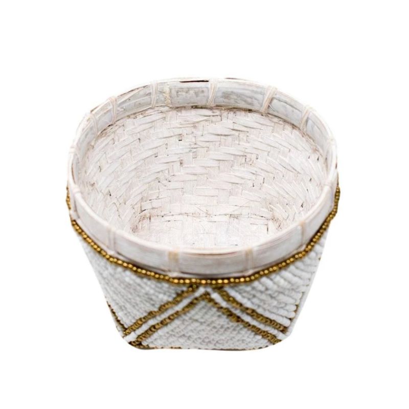 Bamboo Trinket Basket White With Gold Trim image