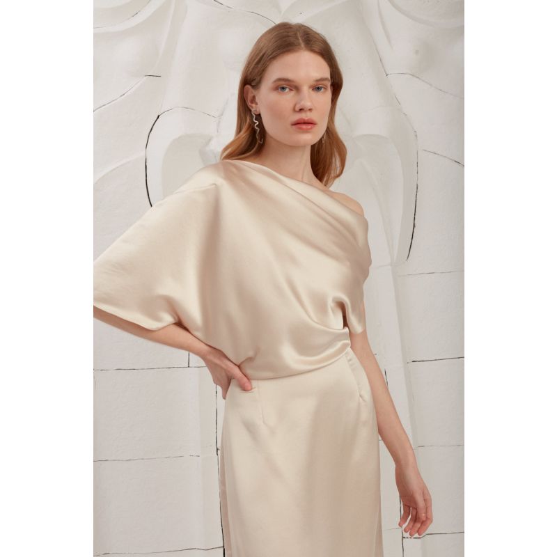 Ilene Beige Satin Asymmetric Open Shoulder Midi Dress | UNDRESS | Wolf ...