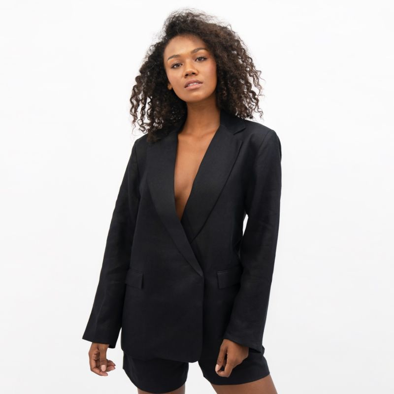 Havana Oversized Linen Blazer In Licorice Black image