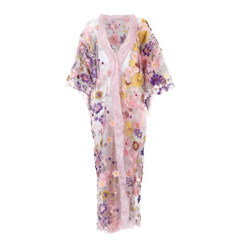 Anthem - Shades Of Pink Mesh Robe With Cascading Flowers And Sparkle Fringe image