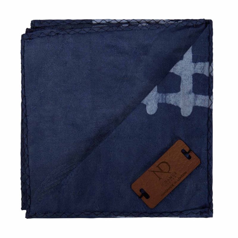 Regent Navy Blue African Print Pocket Square With Leather Label image