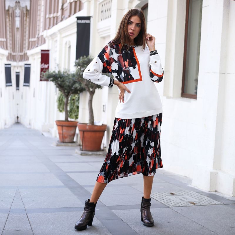 White Sweatshirt With Eyelet Details & Abstract Camo Print image