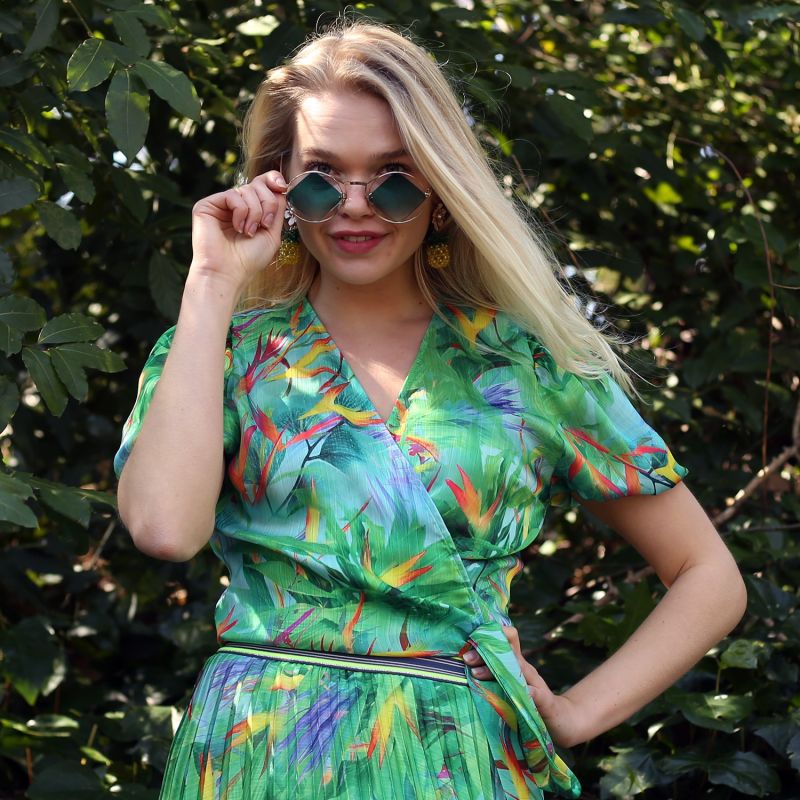 Double-Breasted Blouse With Digital Print Leaf Patterns image