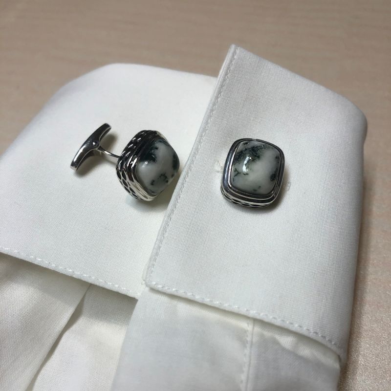 Tree Agate Stone Cufflinks In Black Rhodium Plated Sterling Silver image