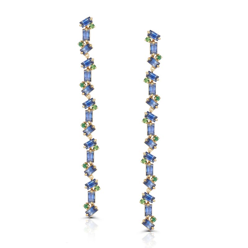 Blue Sapphire Baguette & Emerald Rounds Earring In 18K Yellow Gold image