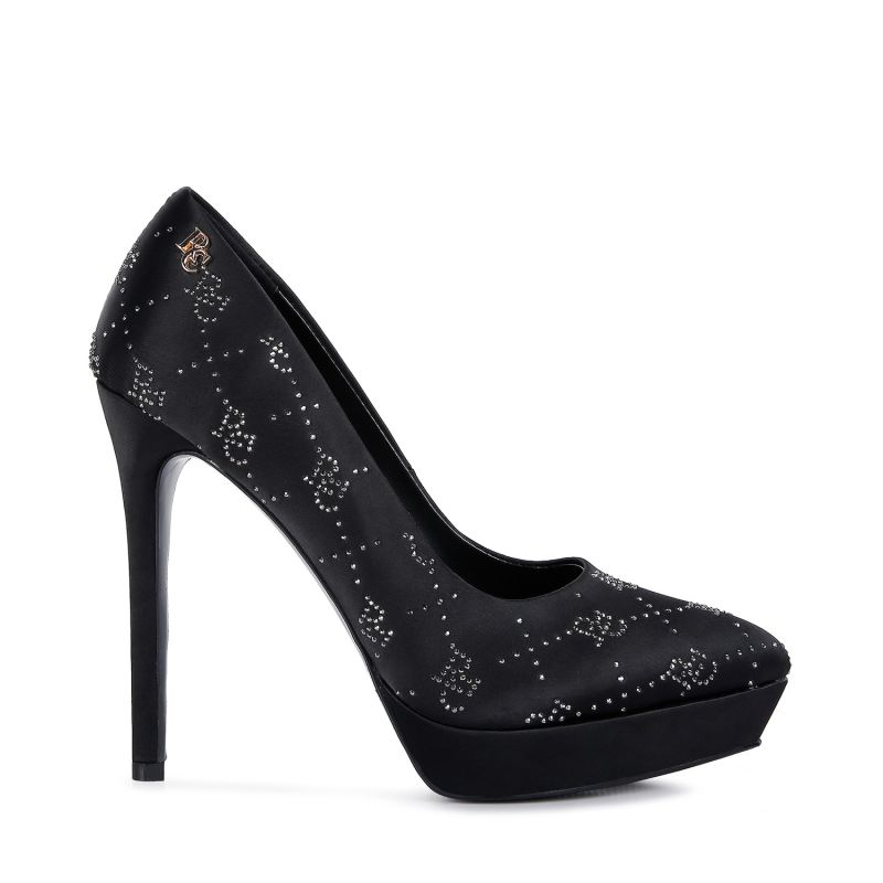 Ballard Black Monogram Satin Stiletto Pumps image