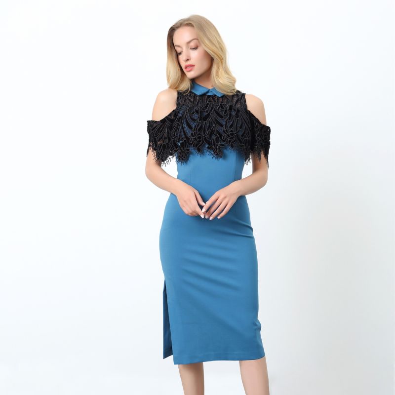 Lace On Top Cold Shoulders Fitted Dress Blue image