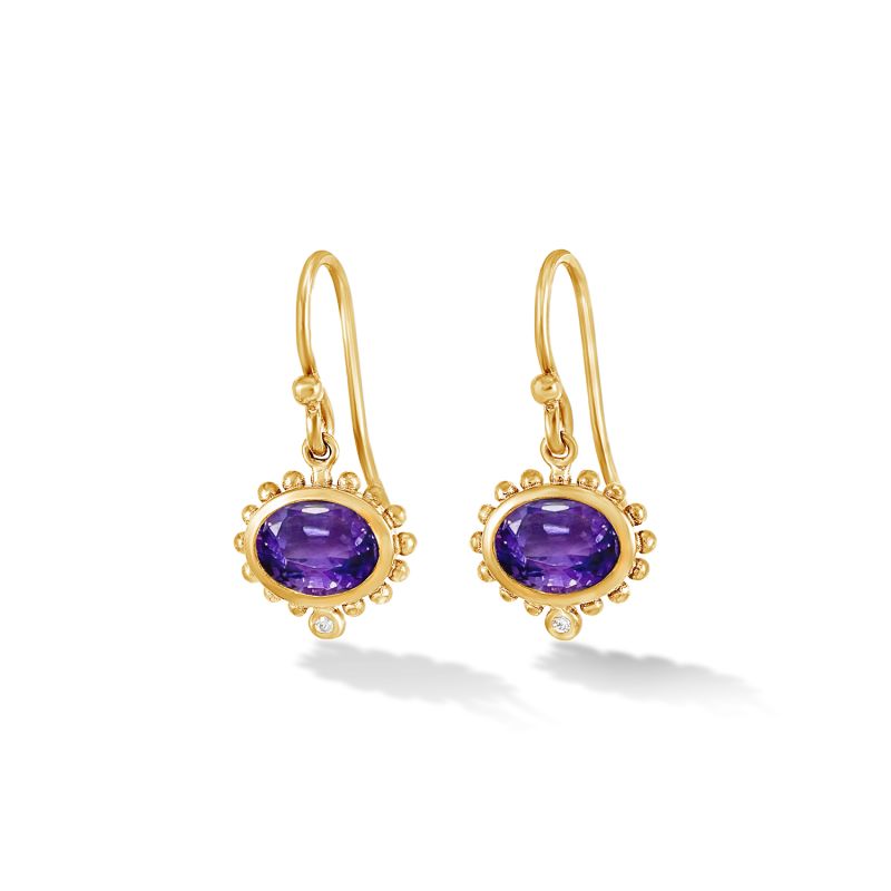 Fine Yellow Gold Anemone Oval Drop Earrings With Amethyst & Diamond image