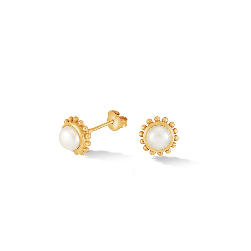 Fine Yellow Gold Anemone Studs With White Pearl image