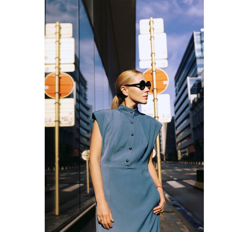 Fitted Sheath Dress With Shoulder Pads Pale Blue image