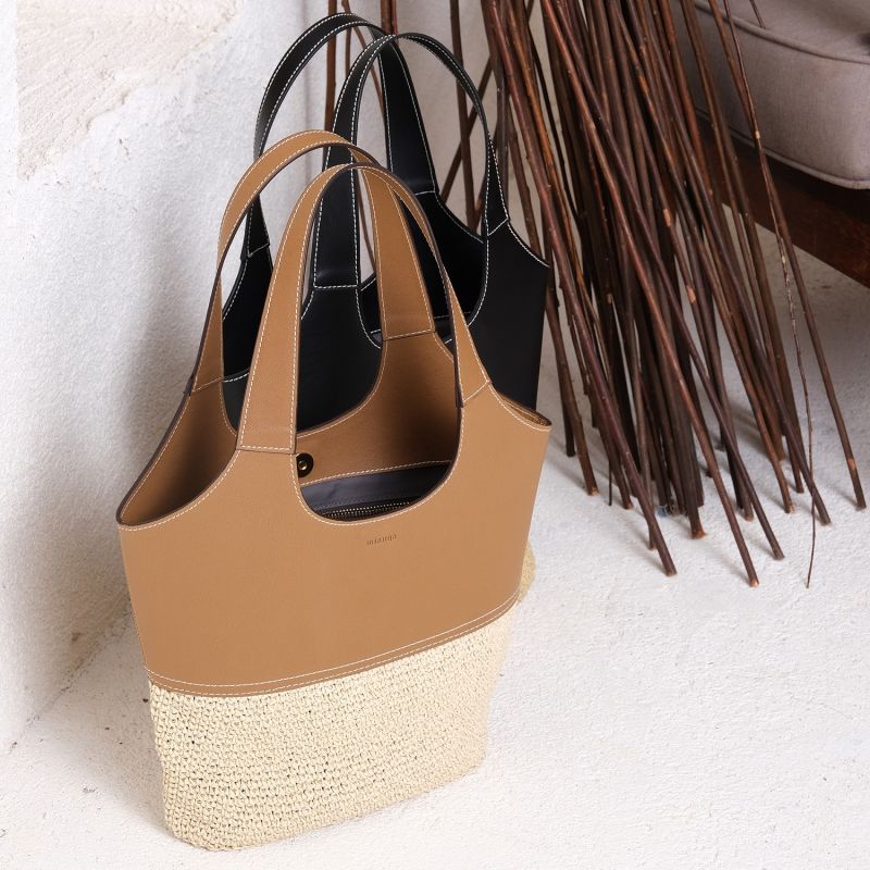 Vegan Bio-Leather & Handwoven Raffia Shoulder Bag Tan image