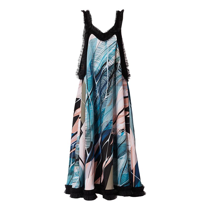 Flared Maxi Dress, Edged With Tulle, With Tropical Print image