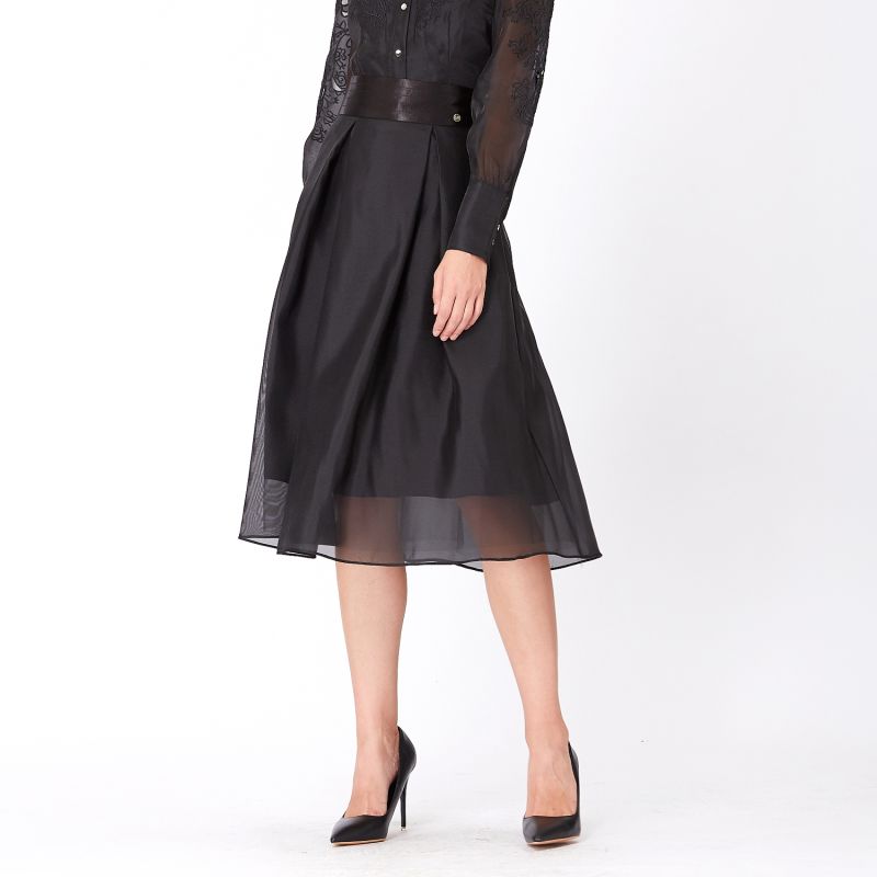 Flared Organza And Satin Skirt - Black image