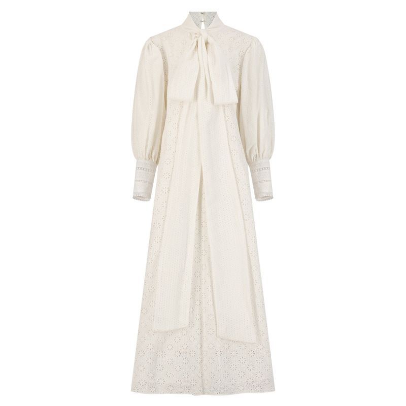 Fleuri  Eyelet Maxi Dress With High Neck Tie- White image