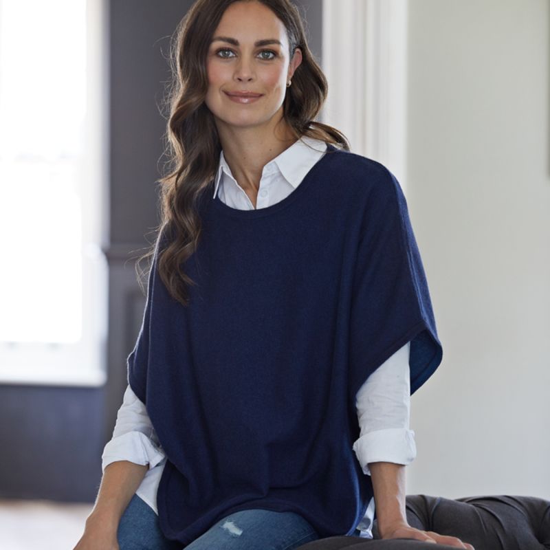 Flora Cotton Cashmere Reversible Poncho Navy & Blue image