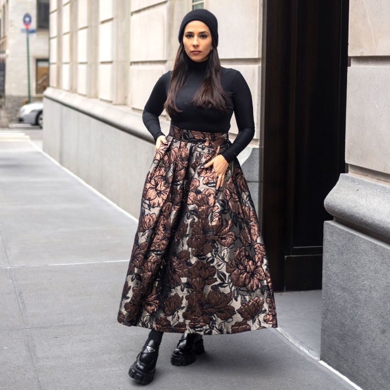 Floral Brocade Midi Skirt In Bronze & Black image