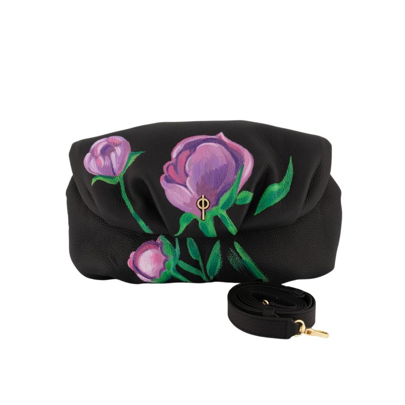 Floral Leda Leather Clutch Bag - Black image