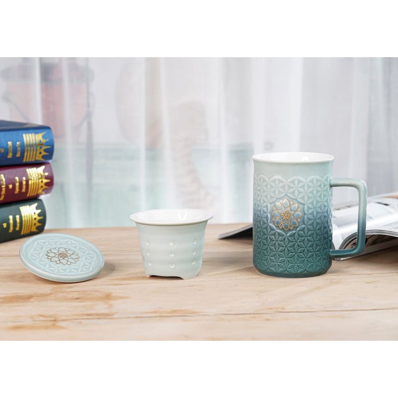 Flower Of Life 3-In-1 Tea Mug With Infuser - Mint Green & Green Ombre / Hand-Painted Gold Flower image