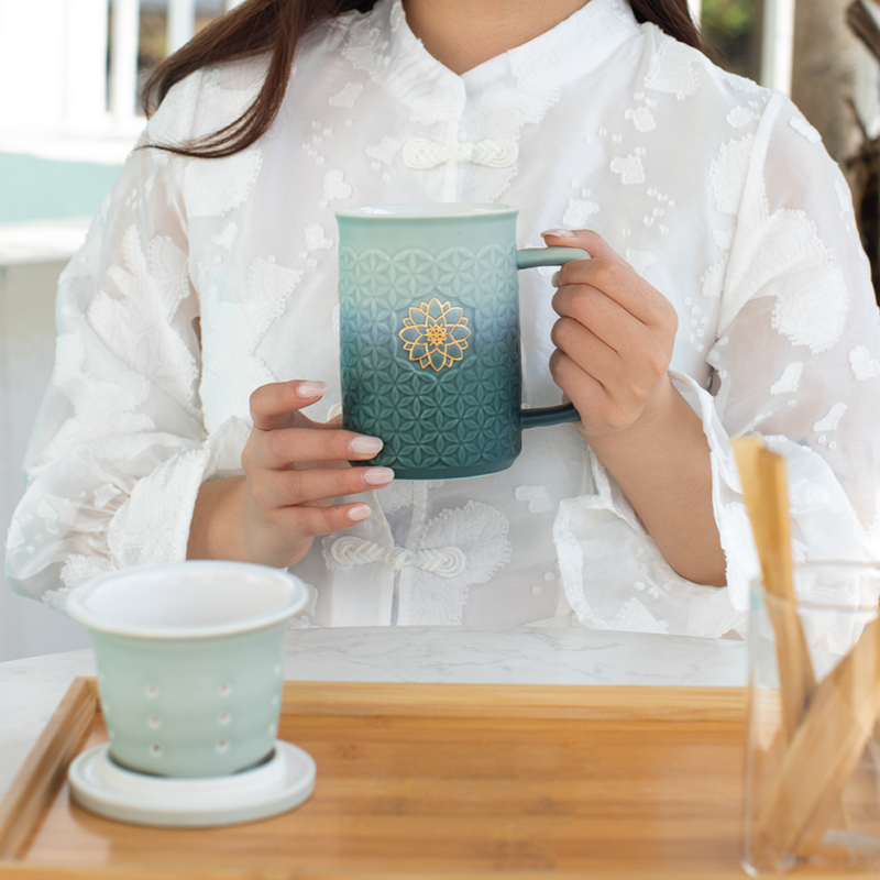 Flower Of Life 3-In-1 Tea Mug With Infuser - Mint Green & Green Ombre / Hand-Painted Gold Flower image