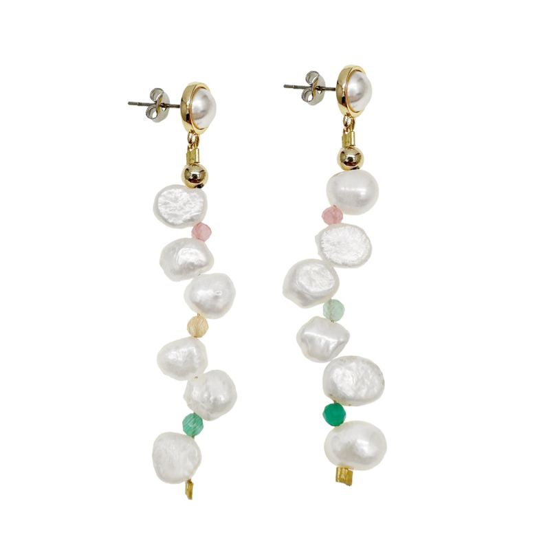 Flower Petal Freshwater Pearls With Colorful Stones Earrings image