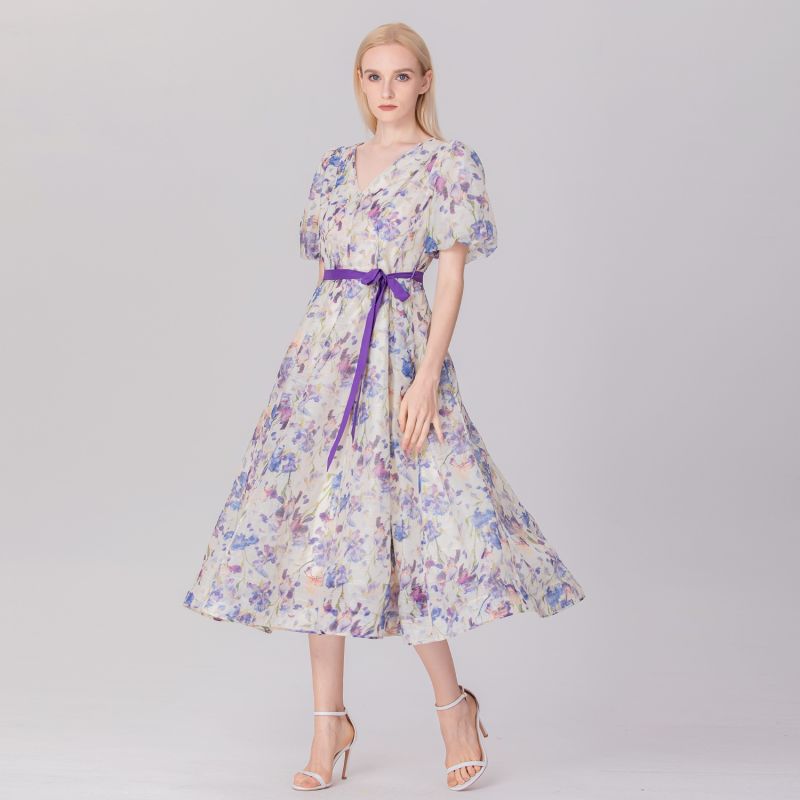 Flower Print Fit-And-Flare Tea Organza Dress - Multicolor image