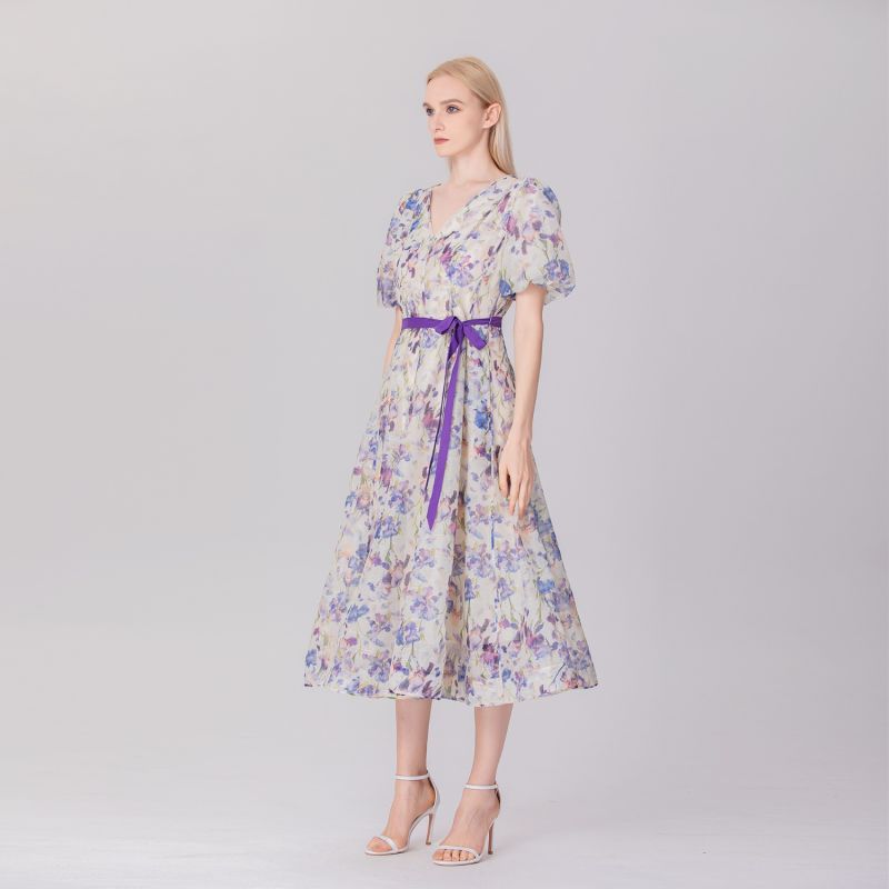 Flower Print Fit-And-Flare Tea Organza Dress - Multicolor image