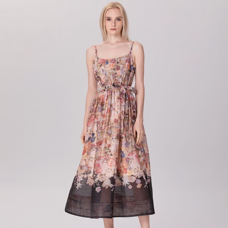 Flower Print Organza Strappy Dress - Black image