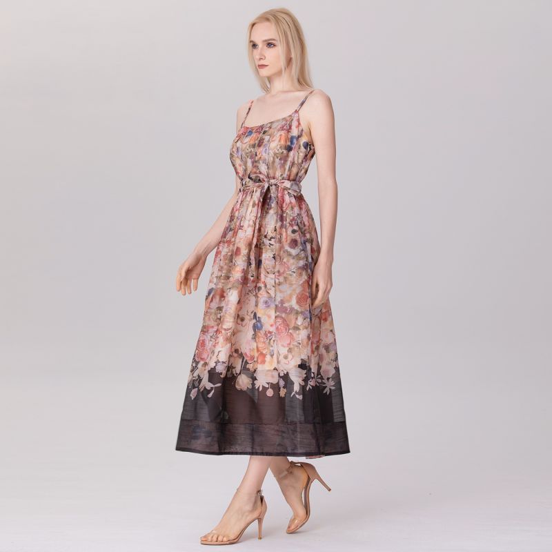 Flower Print Organza Strappy Dress - Black image