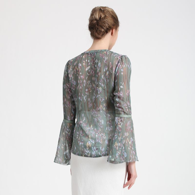 Leaves Print Tulip Sleeves Blouse - Green image