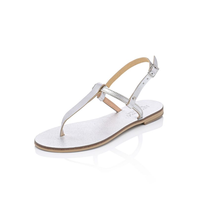 Brizo Silver/Silver Handcrafted Women’s Leather T-Strap Sandals – Designer Fashion Flat Sandals With Toe Separator image