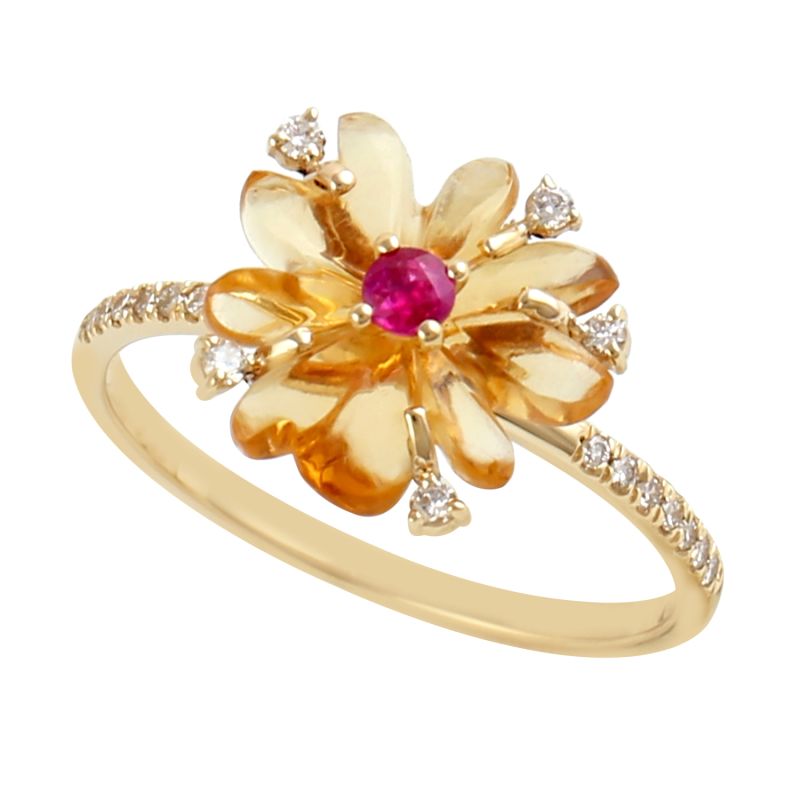 Forget Me Not Flower Ring Carved Mix Stone & Ruby With Pave Diamond Accent In 18K Gold image