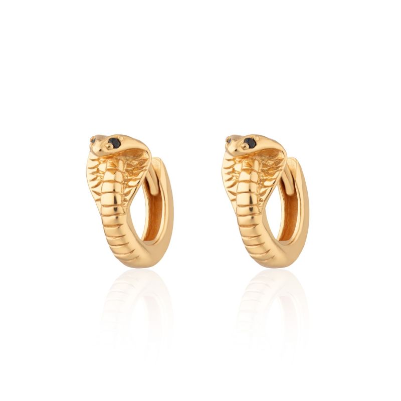 Gold Cobra Snake Huggie Hoop Earrings With Black Eyes image