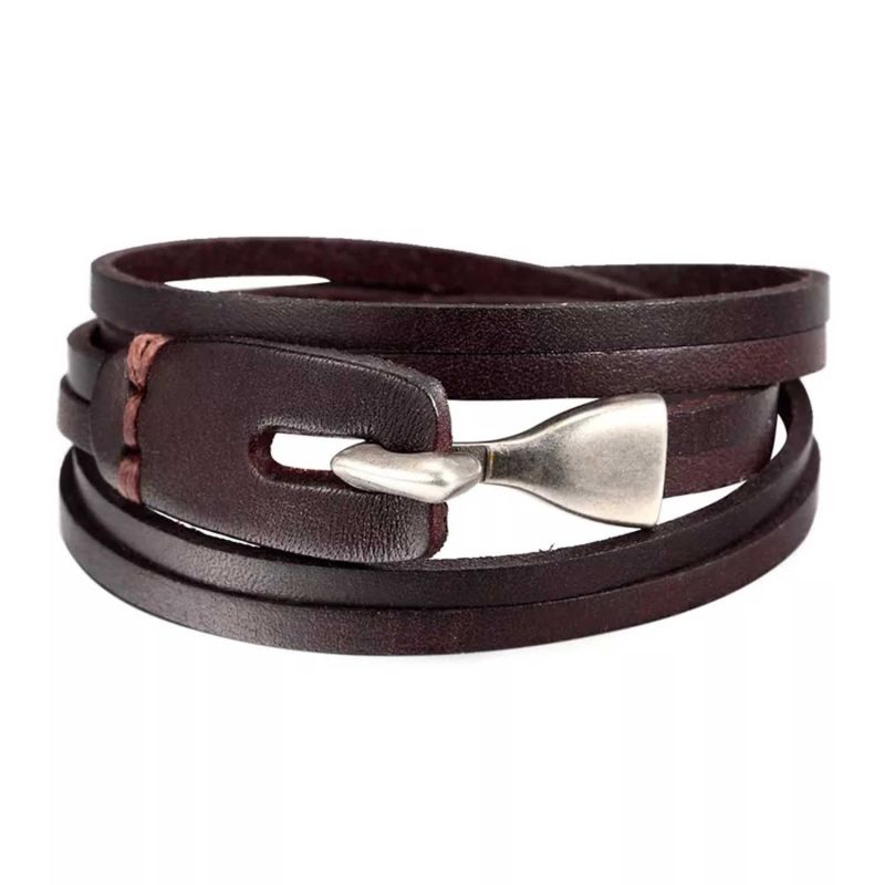 Brown Multilayer Leather Bracelet With Hook Closure image