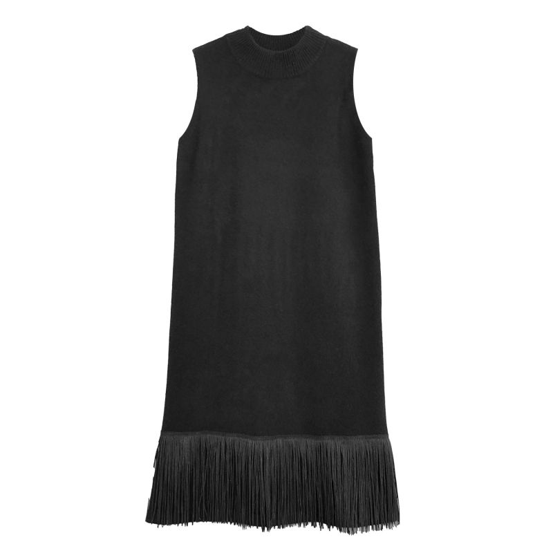 Cashmere Mockneck Shift Dress With Fringe Hem - Black image